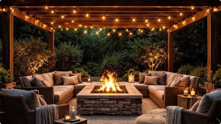 Cozy backyard with outdoor string lights for entertaining